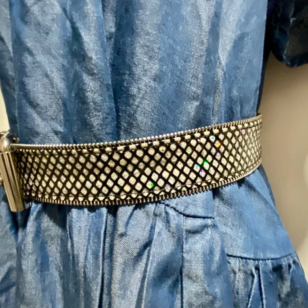 Vint. Wide Snake Print Hologram Steampunk Goth Grunge Buckle Zipper Trim Belt S